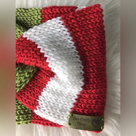 Festive Green and Red Knitted Sparkle Headband, Ear-warmer, Handmade, New - Picture 5 of 7